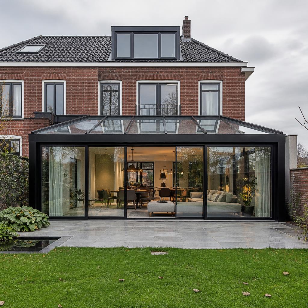 Aanbouw met glazen dak en zwarte kozijnen aan een bakstenen woning