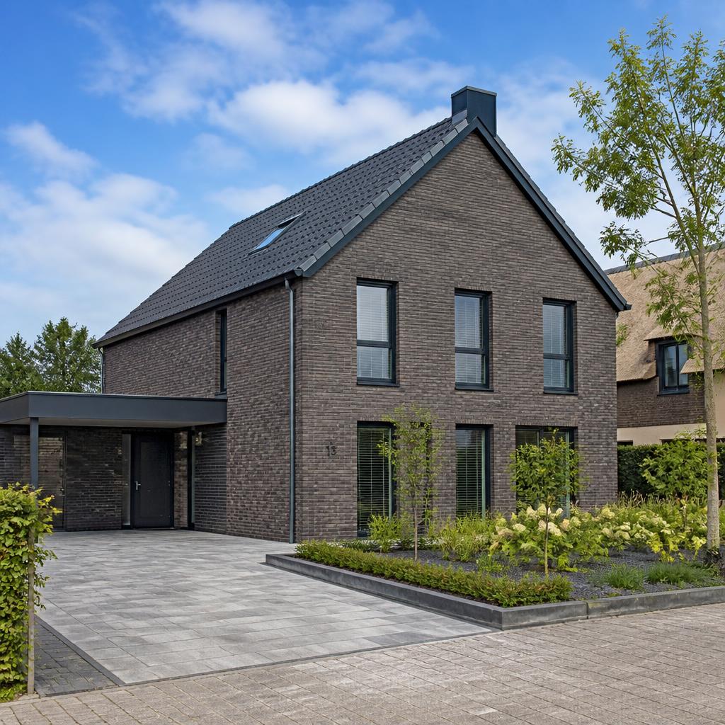 Nieuwbouw vrijstaande woning met donkere baksteen en aangelegde tuin