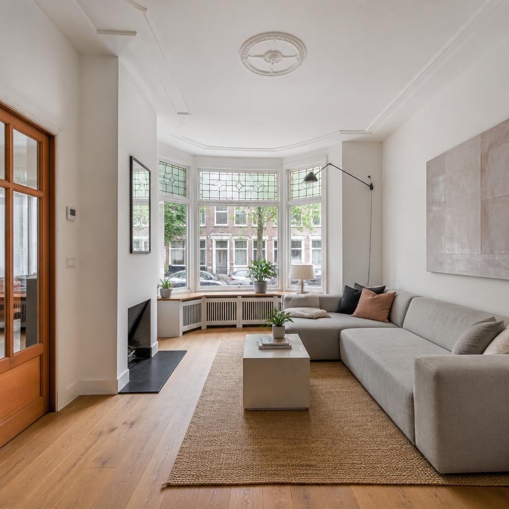 Gerenoveerde lichte woonkamer met eiken vloer en witte wanden